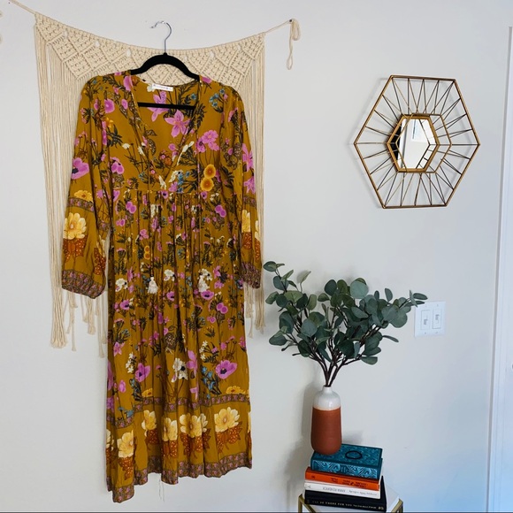 Mustard Yellow Floral Boho Peasant Midi Dress - Picture 6 of 8